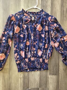 Rachel Zoe Navy Floral Tie-Neck Smocked Hem Blouse